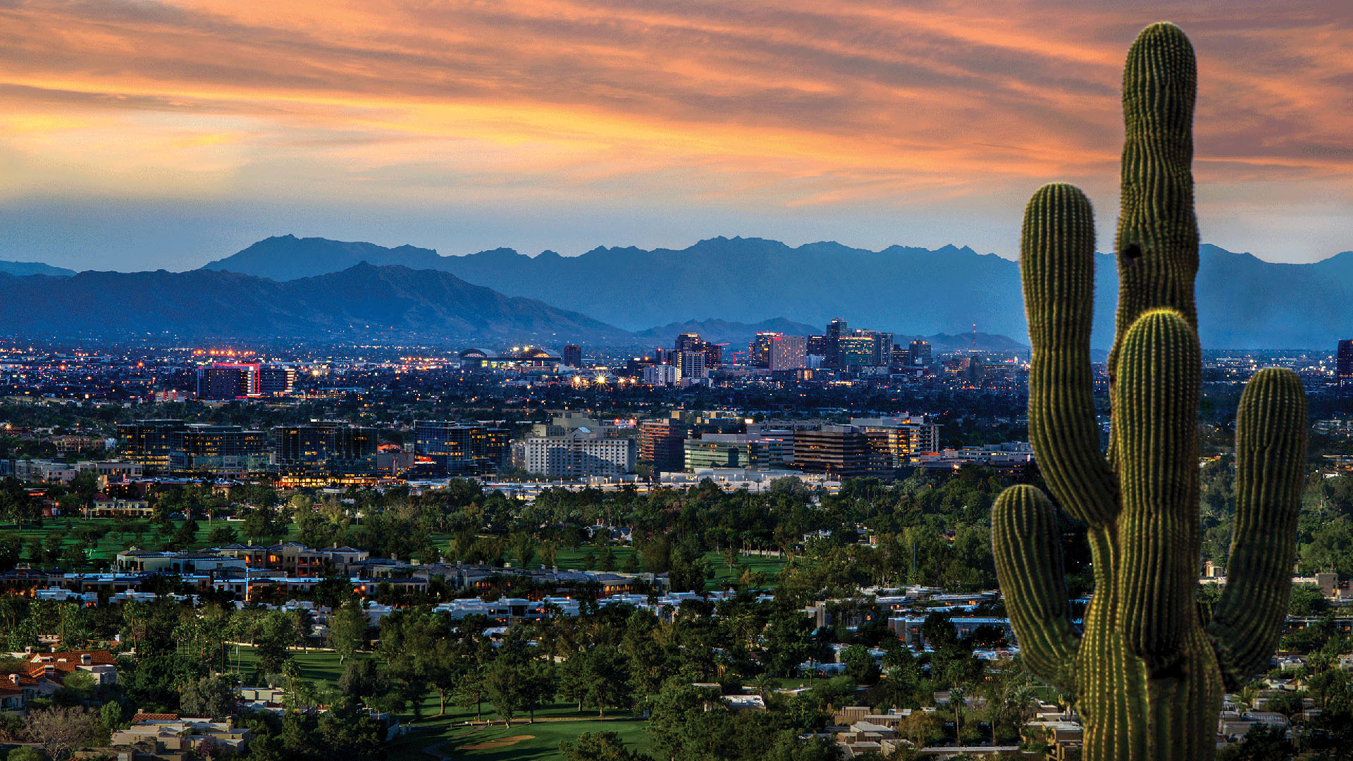 Downtown Phoenix, Arizona skyline with desert sunset – massage therapists serving the local community