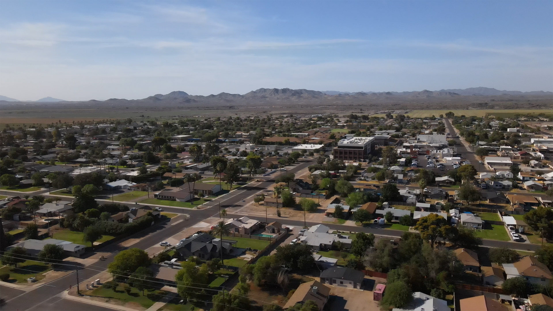 Massage Therapy in Historic Buckeye, AZ Aerial view of Historic Downtown Buckeye AZ featuring City Hall and Monroe Avenue, home to top-rated Arizona massage therapy experts serving the 85326 zip code area.