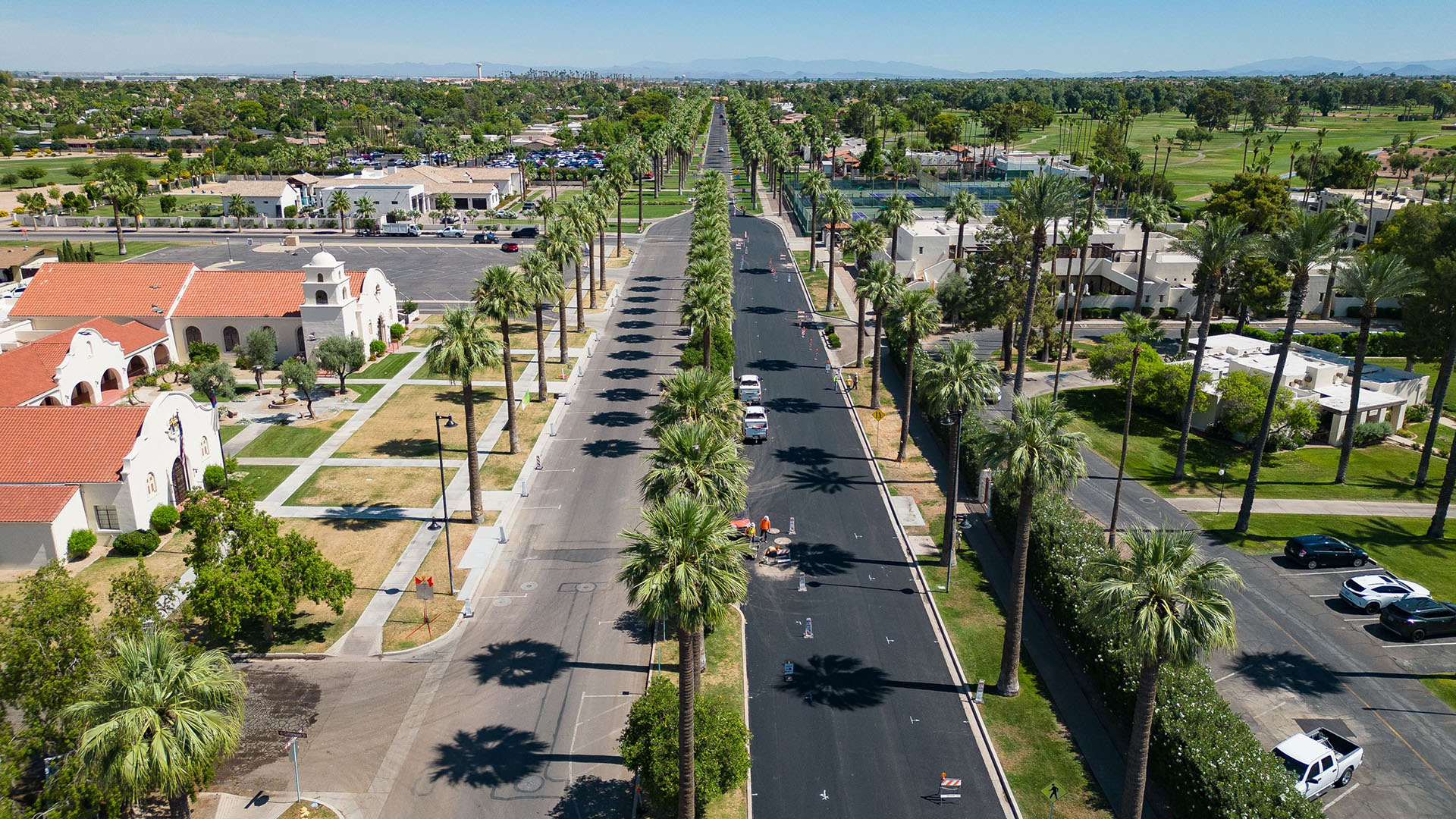 Licensed Massage Therapy in Litchfield Park, Arizona Aerial view of Old Litchfield Road and The Church at Litchfield Park near The Wigwam Resort, the hub for professional massage therapy in Litchfield Park, AZ.