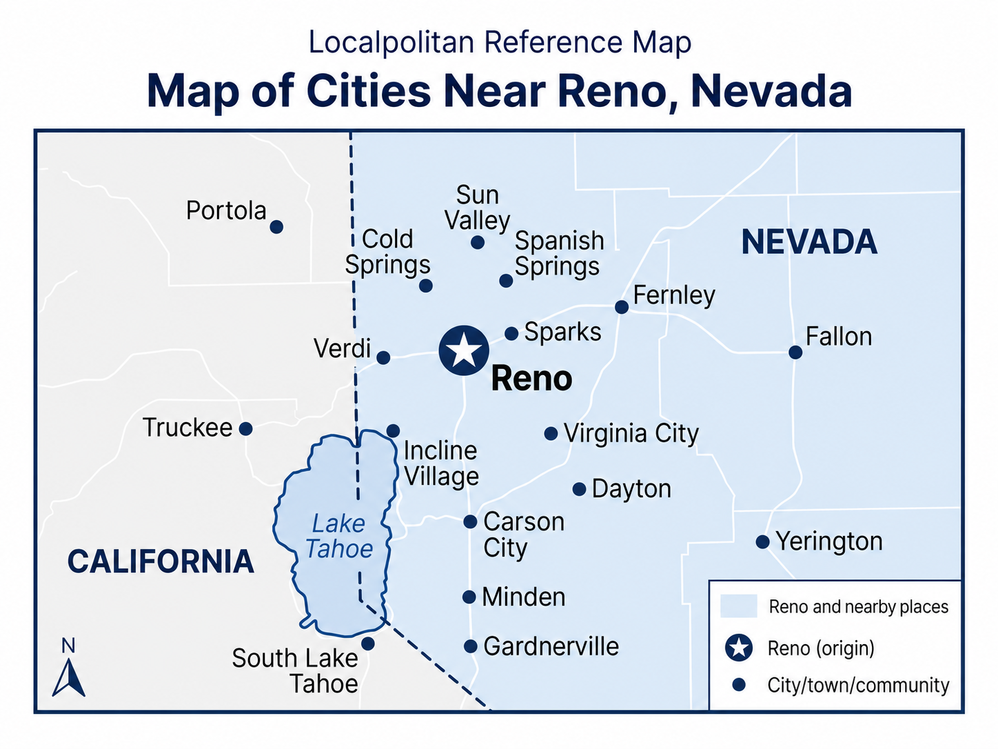 Map of cities, towns and communities near Reno, Nevada and nearby California