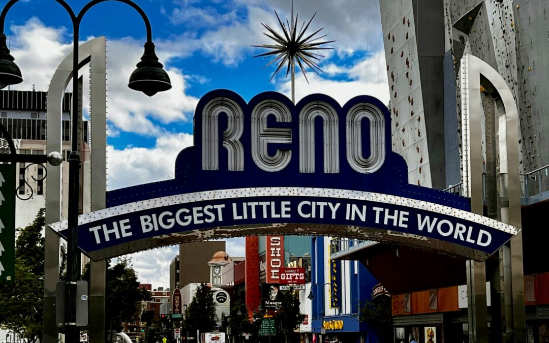 Reno Arch in downtown Reno, Nevada, reading "The Biggest Little City in the World"