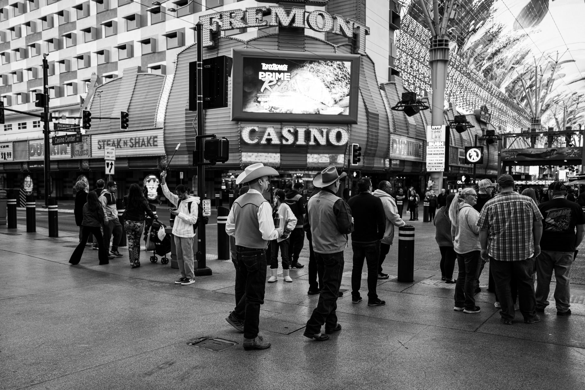 Black-and-white street scene on Fremont Street in Downtown Las Vegas