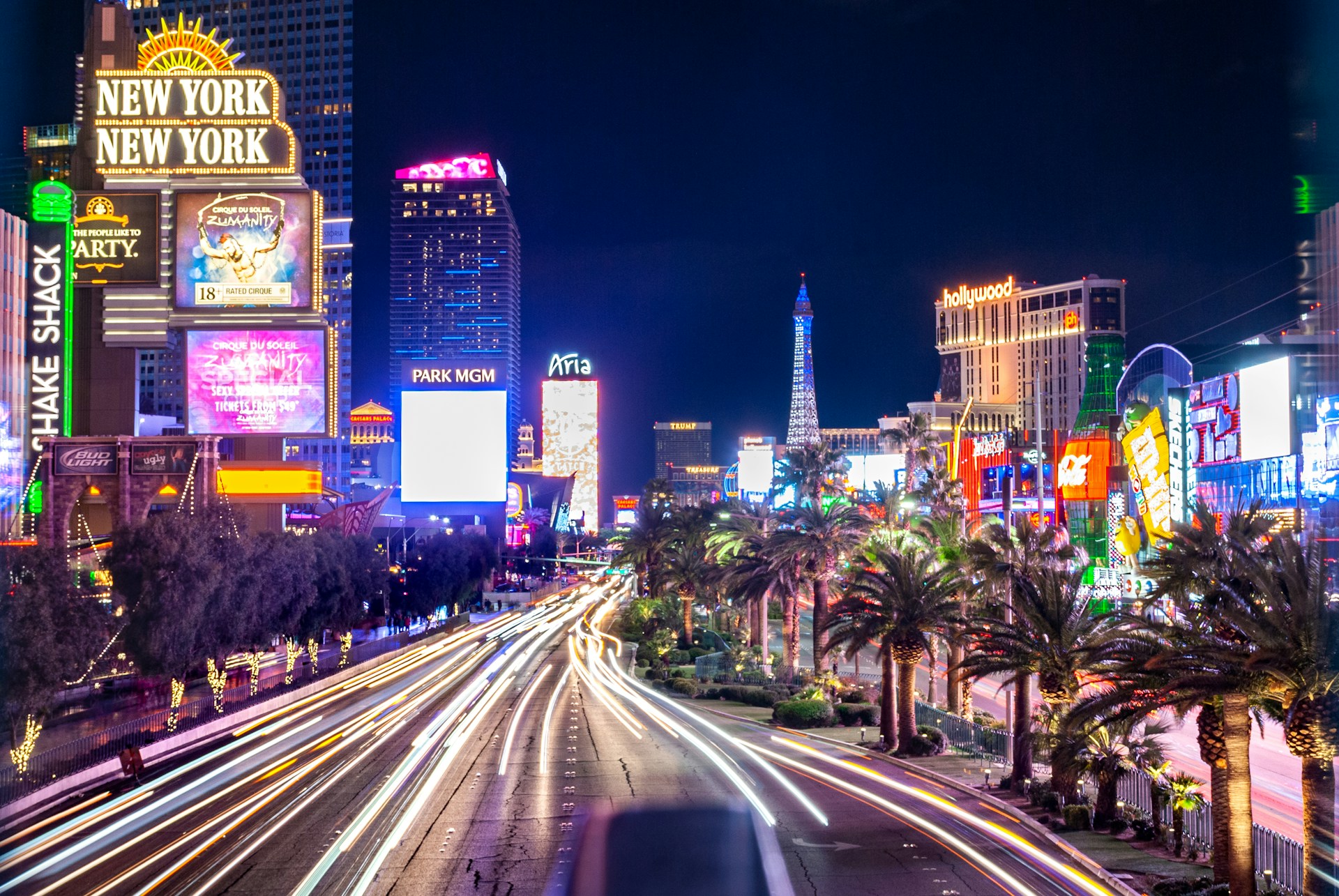 Las Vegas Strip at night with illuminated resorts along Las Vegas Boulevard