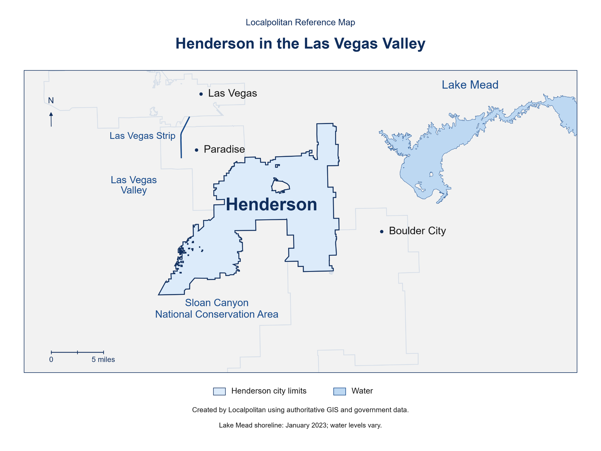 Map of Henderson city limits in the Las Vegas Valley, showing Las Vegas, Paradise, Boulder City, Lake Mead and Sloan Canyon.