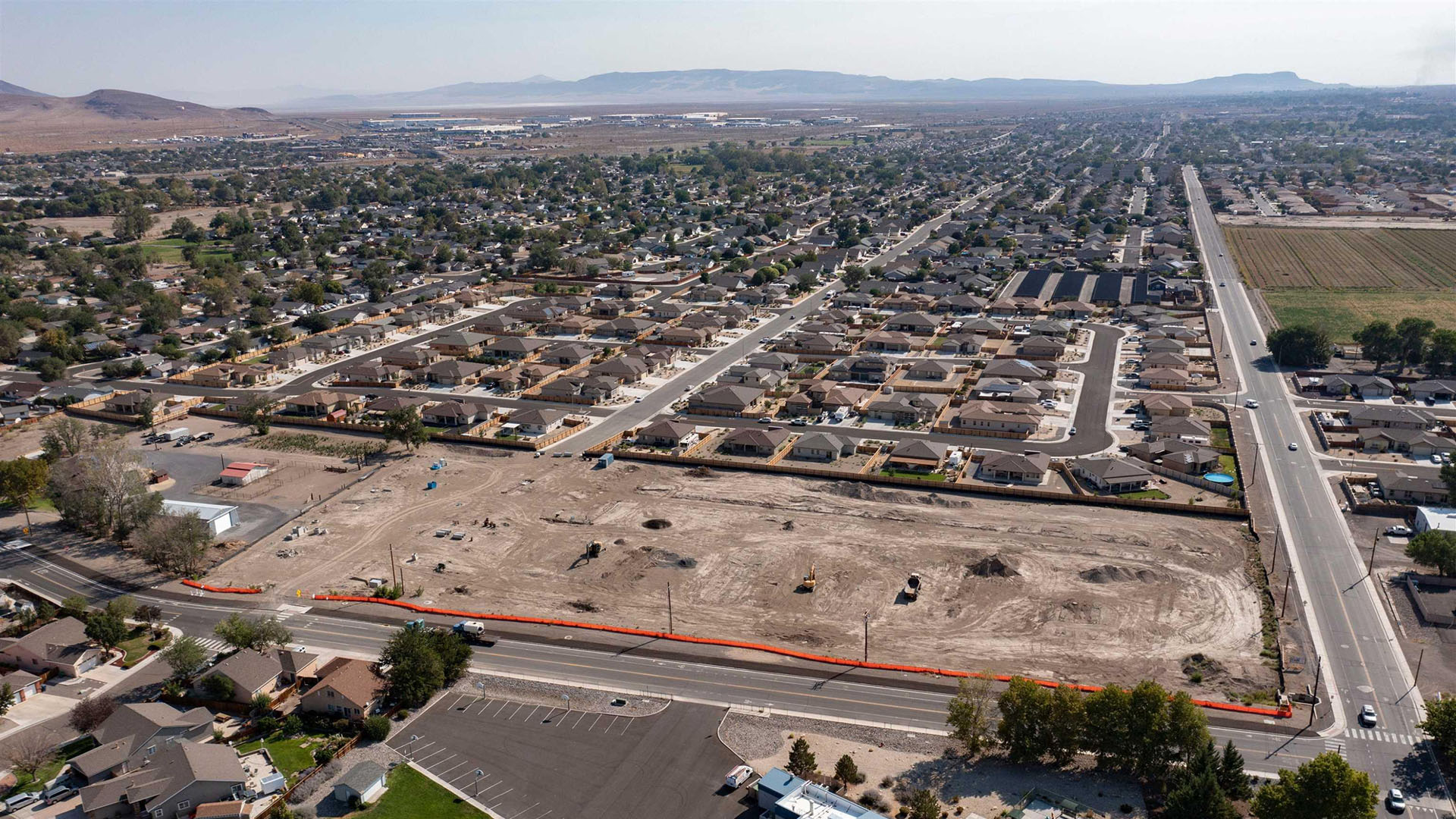 Aerial view of residential neighborhoods in Fernley, Nevada, showing the quiet community environment served by local licensed massage therapists.