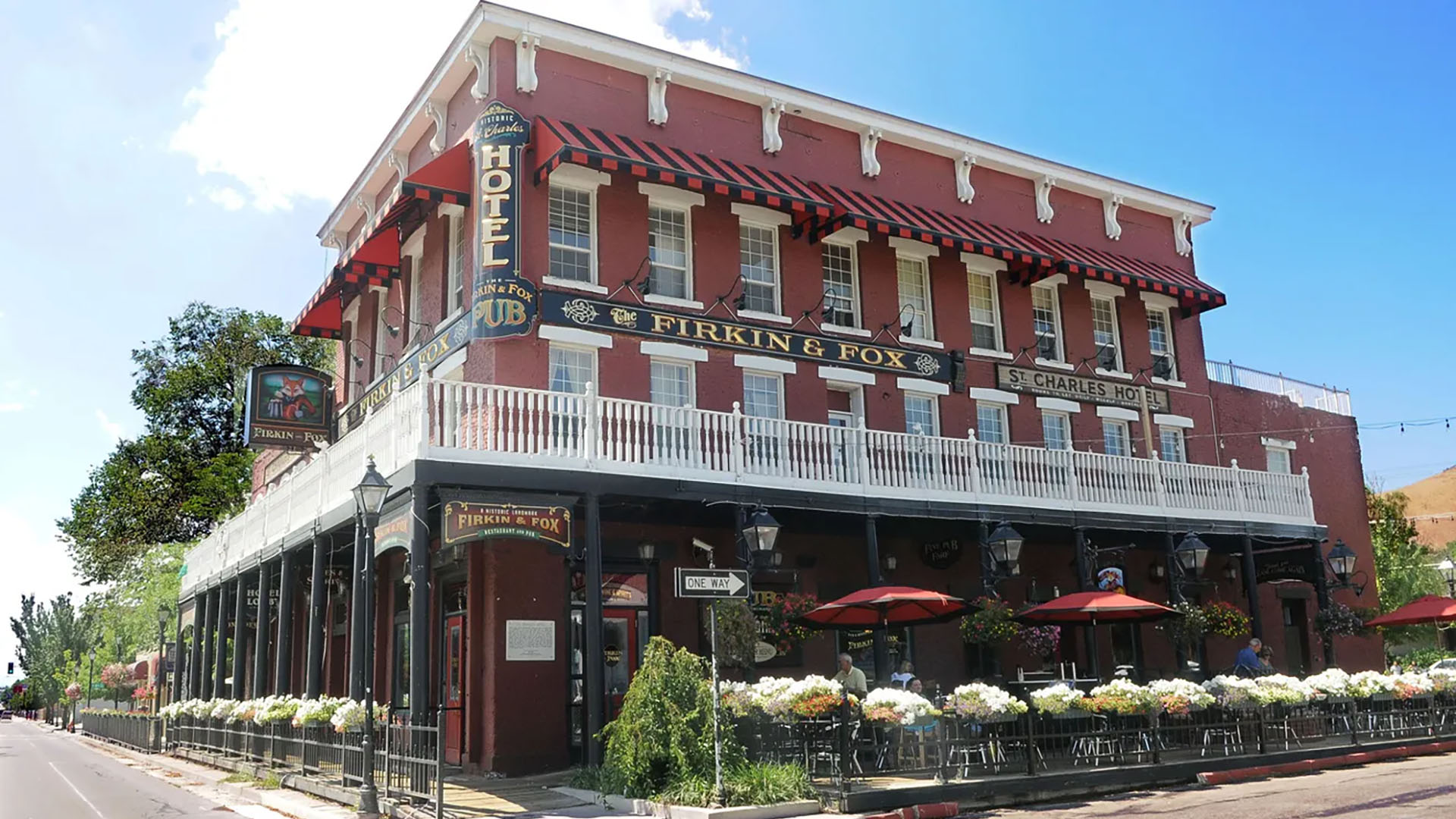 Historic downtown Carson City Nevada building with outdoor seating, representing local massage therapists and wellness services in the state capital.