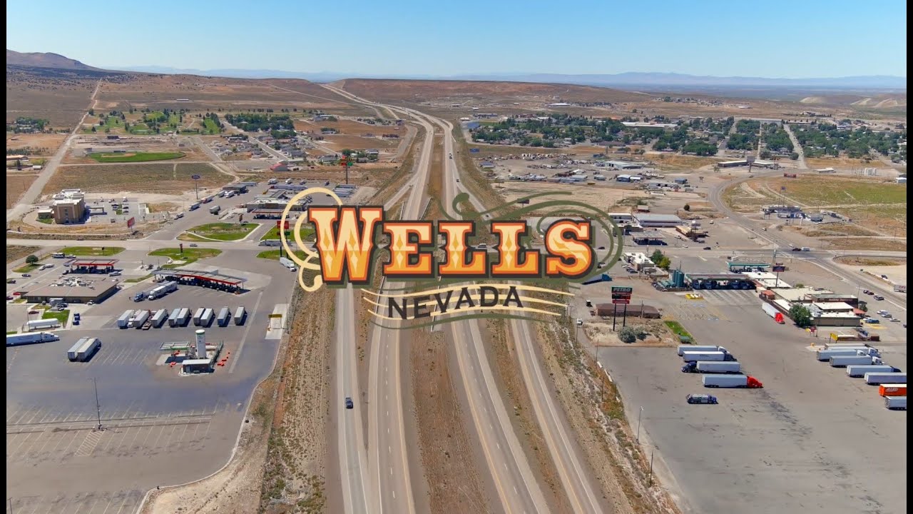 Aerial view of Wells, Nevada, home to local massage therapists and wellness studios near the I-80 corridor.