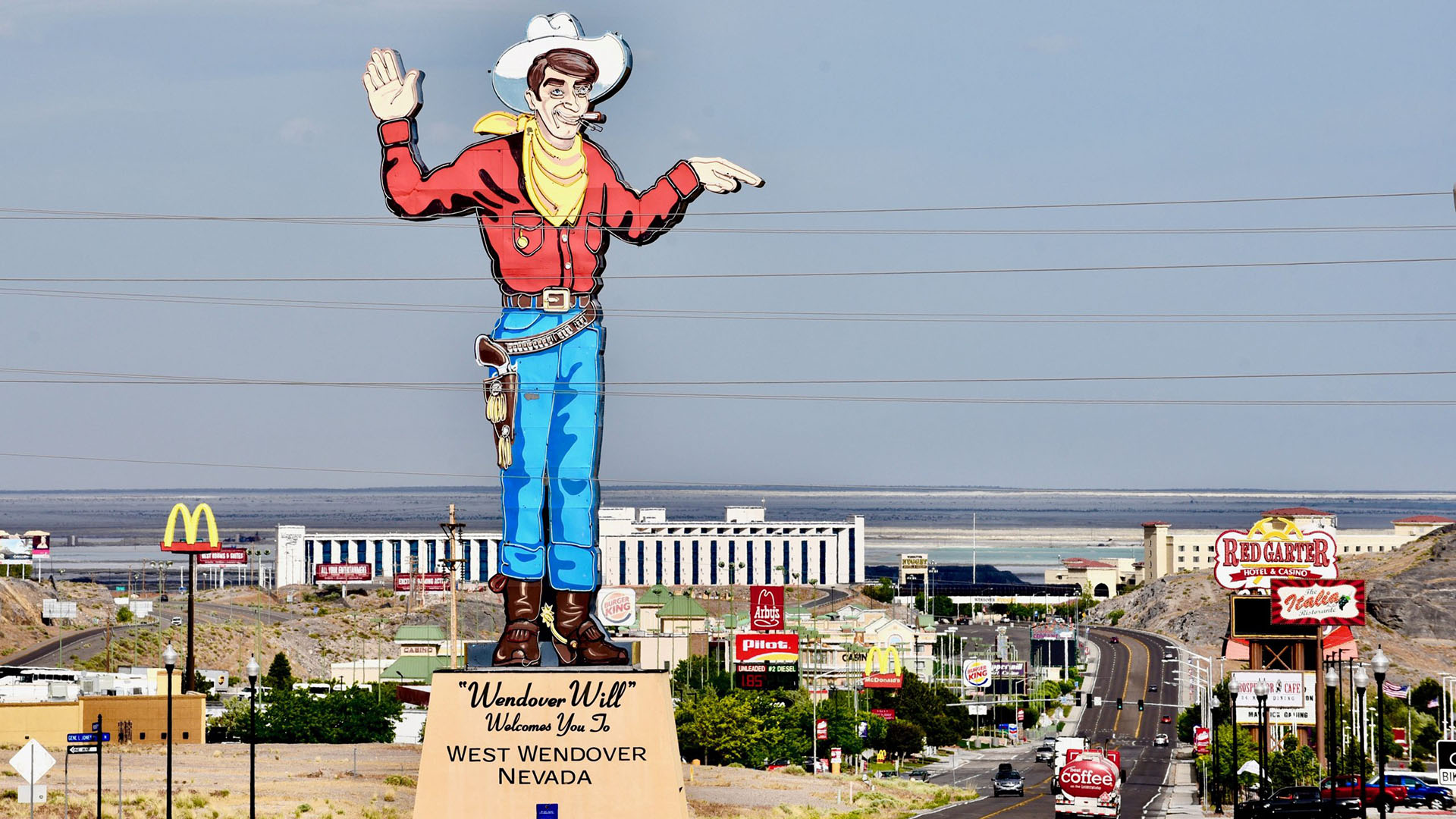 Wendover Will statue welcoming visitors to West Wendover, Nevada — home to massage therapists and wellness services.