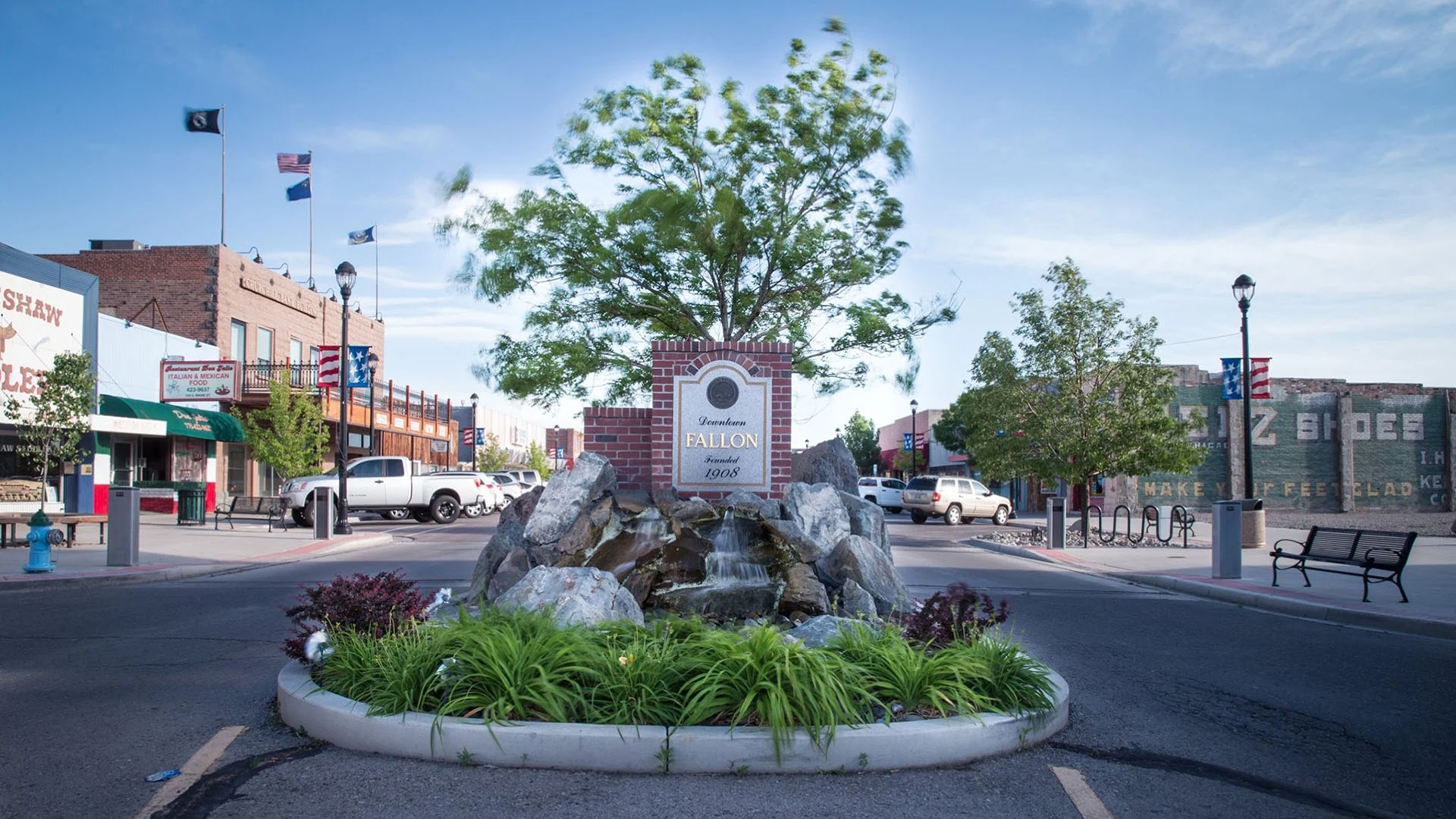 Downtown Fallon Nevada fountain and Main Street, representing local massage therapists and wellness services