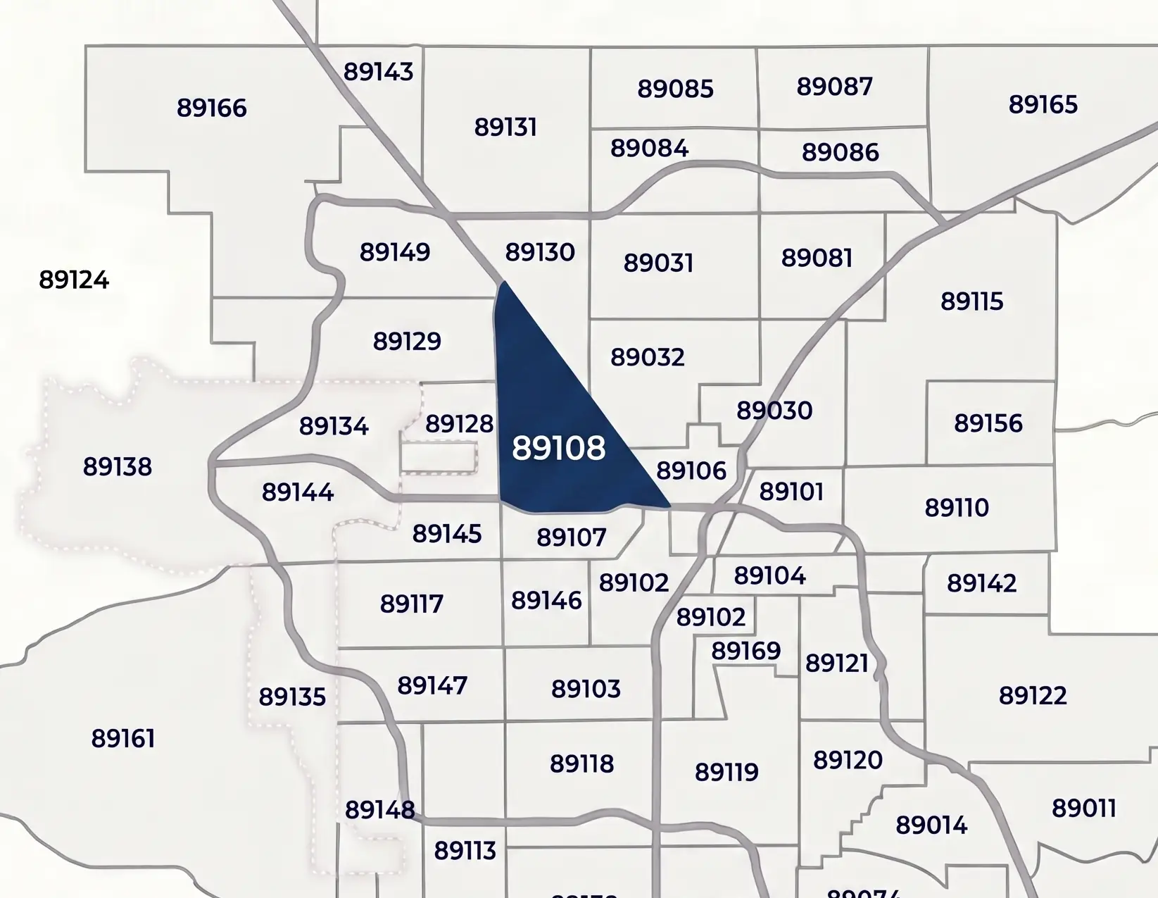 A highlighted map of the 89108 ZIP code in Las Vegas showing its triangular boundaries formed by Rancho Drive, Rainbow Boulevard, and the US-95.