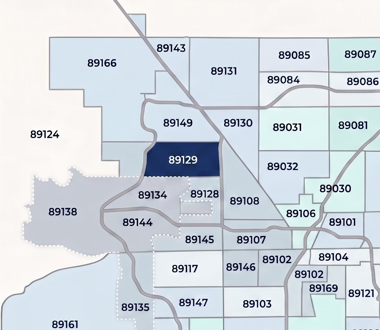 Map of 89129 ZIP code in Las Vegas showing boundaries between Lone Mountain and Cheyenne Avenue.