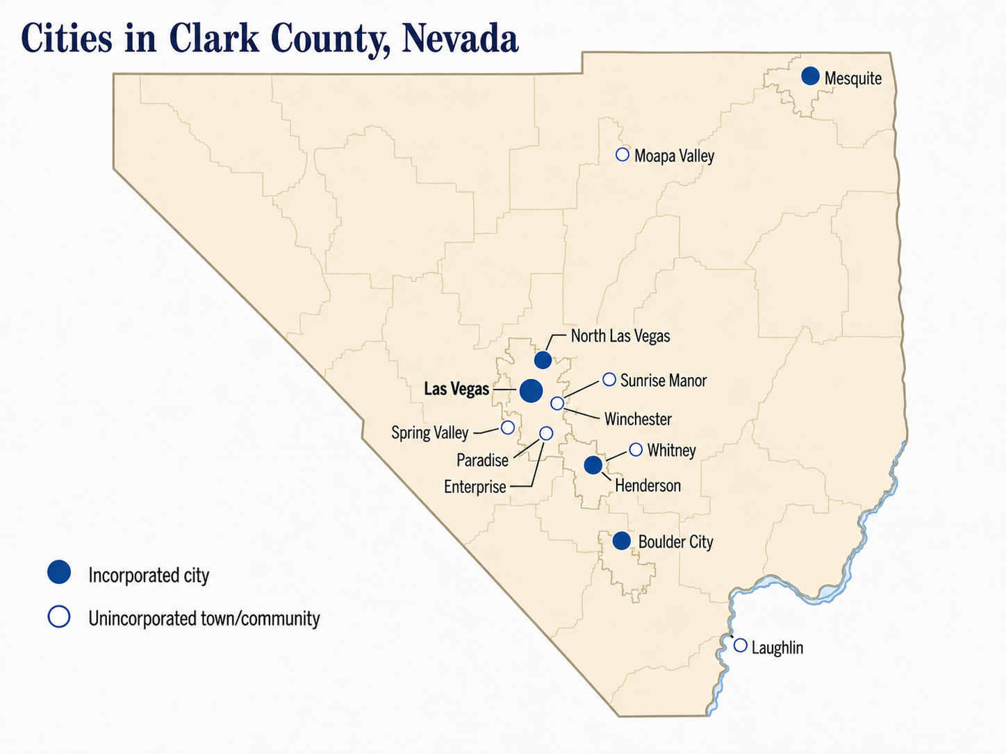 Map of Clark County, Nevada showing incorporated cities and major unincorporated communities