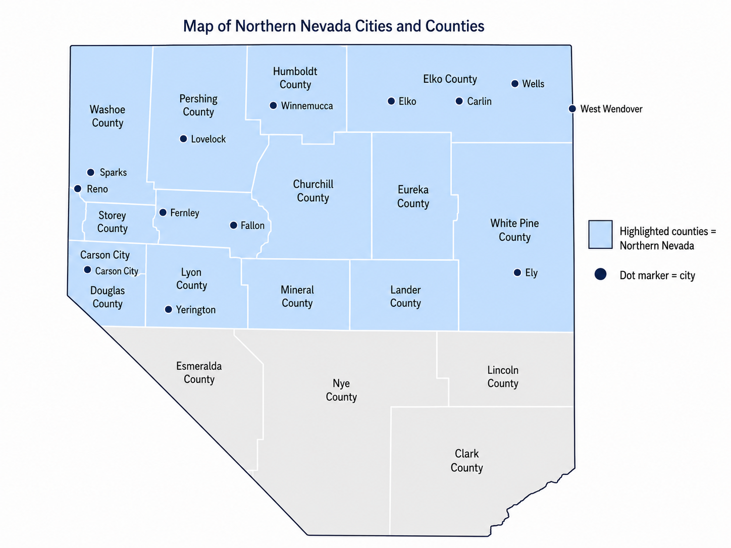 Map of Northern Nevada cities and counties showing 13 cities and highlighted northern counties