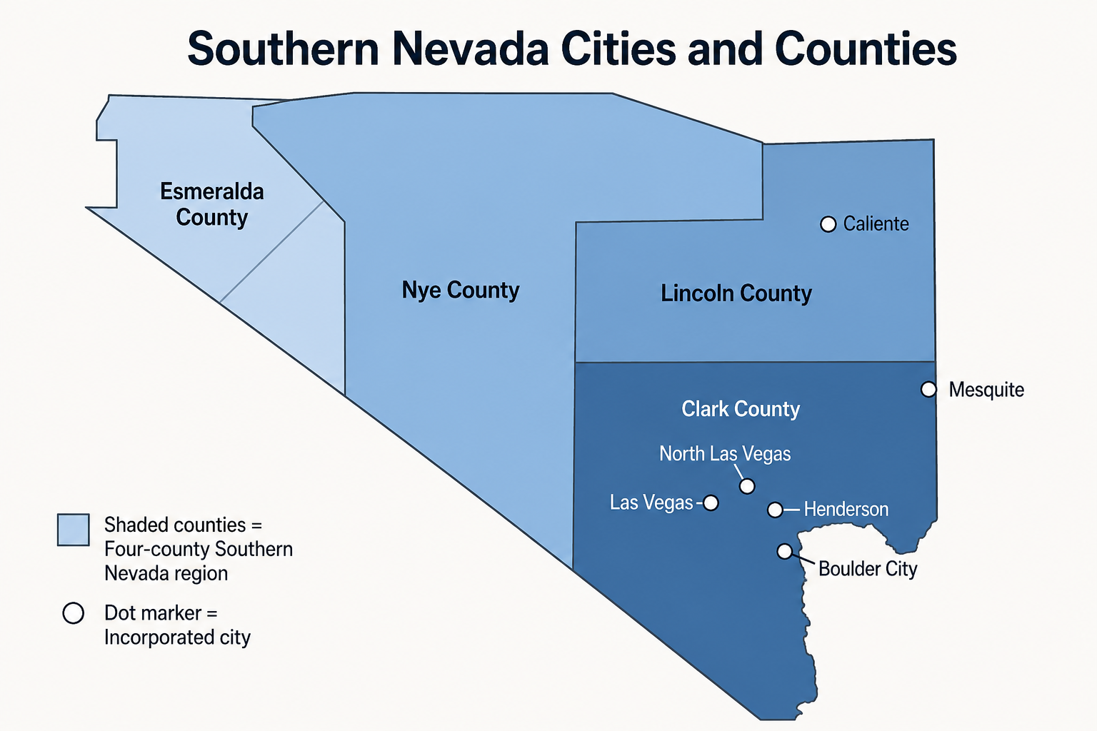 Map of Southern Nevada showing Clark, Nye, Lincoln, and Esmeralda counties and six incorporated cities