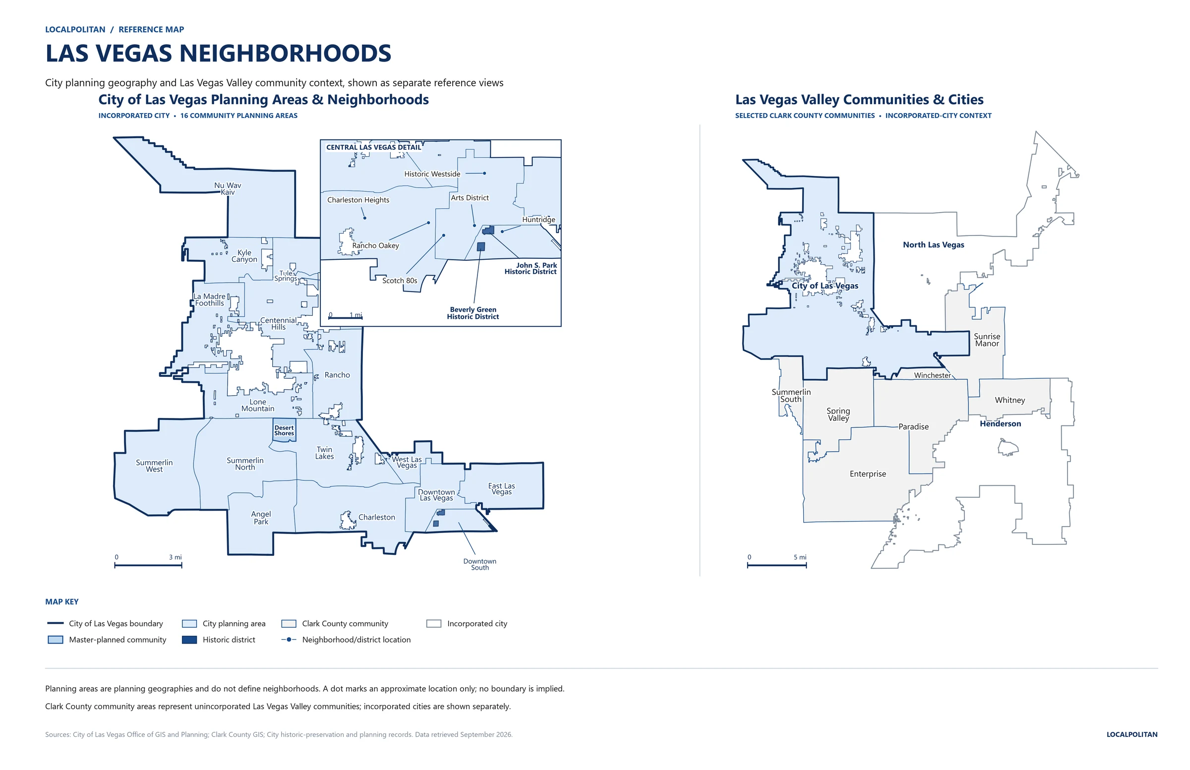 Las Vegas neighborhoods map showing City of Las Vegas planning areas, neighborhood locations and surrounding Las Vegas Valley communities