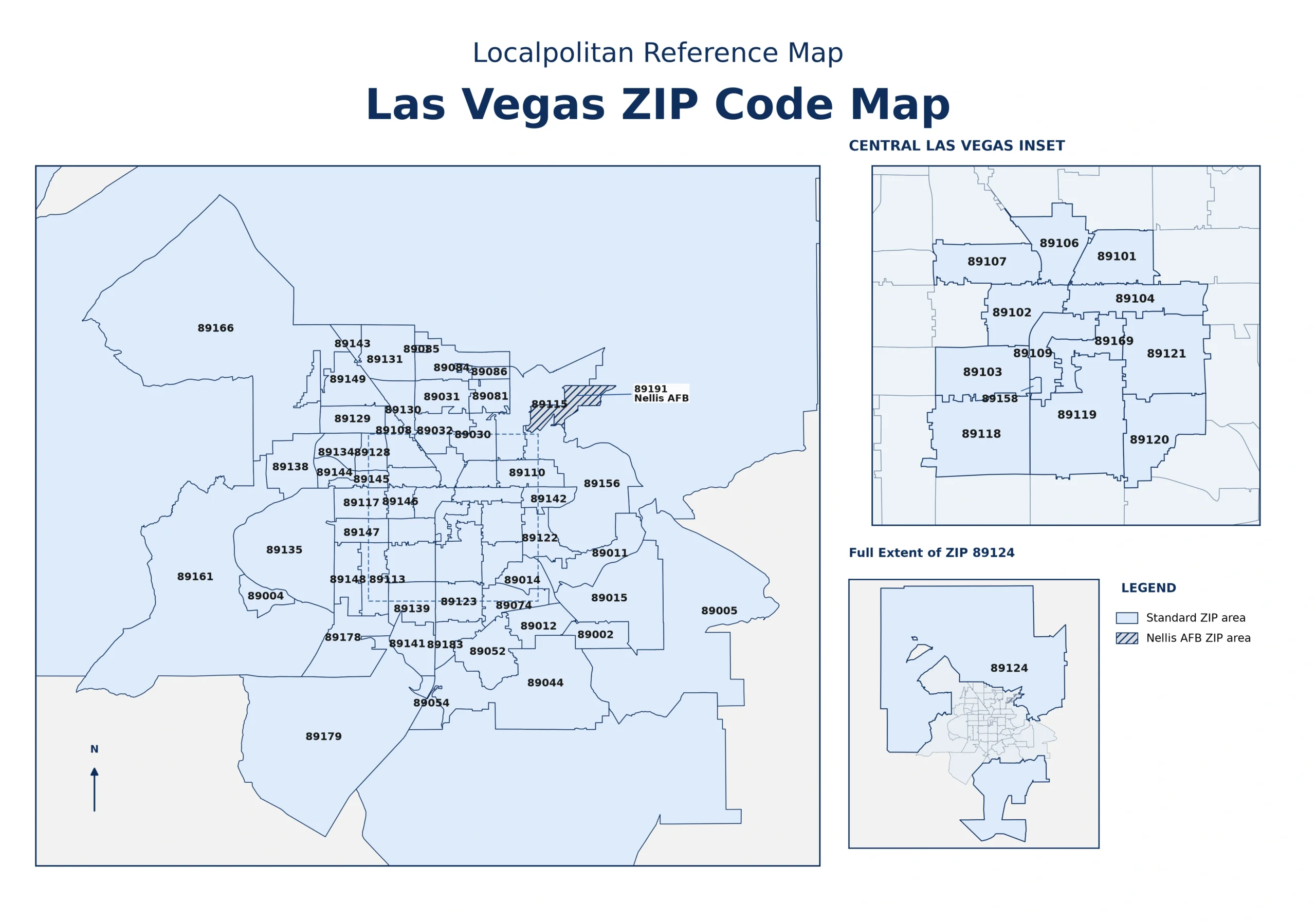 Las Vegas ZIP Code Map showing ZIP code boundaries across the Las Vegas Valley, with a central Las Vegas inset and Nellis AFB